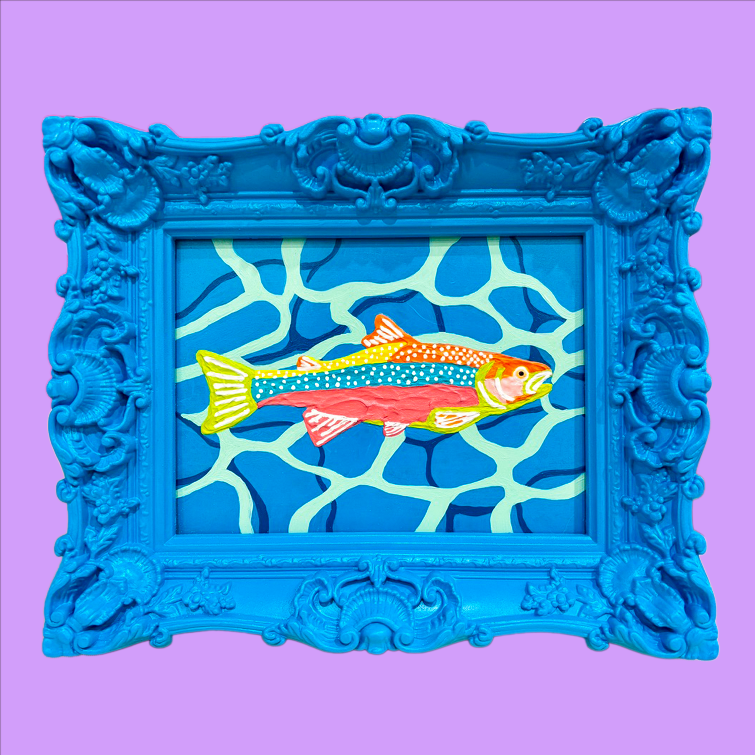 A brightly coloured painting of a rainbow trout surrounded but water in a ornate blue frame. The background is a light purple.