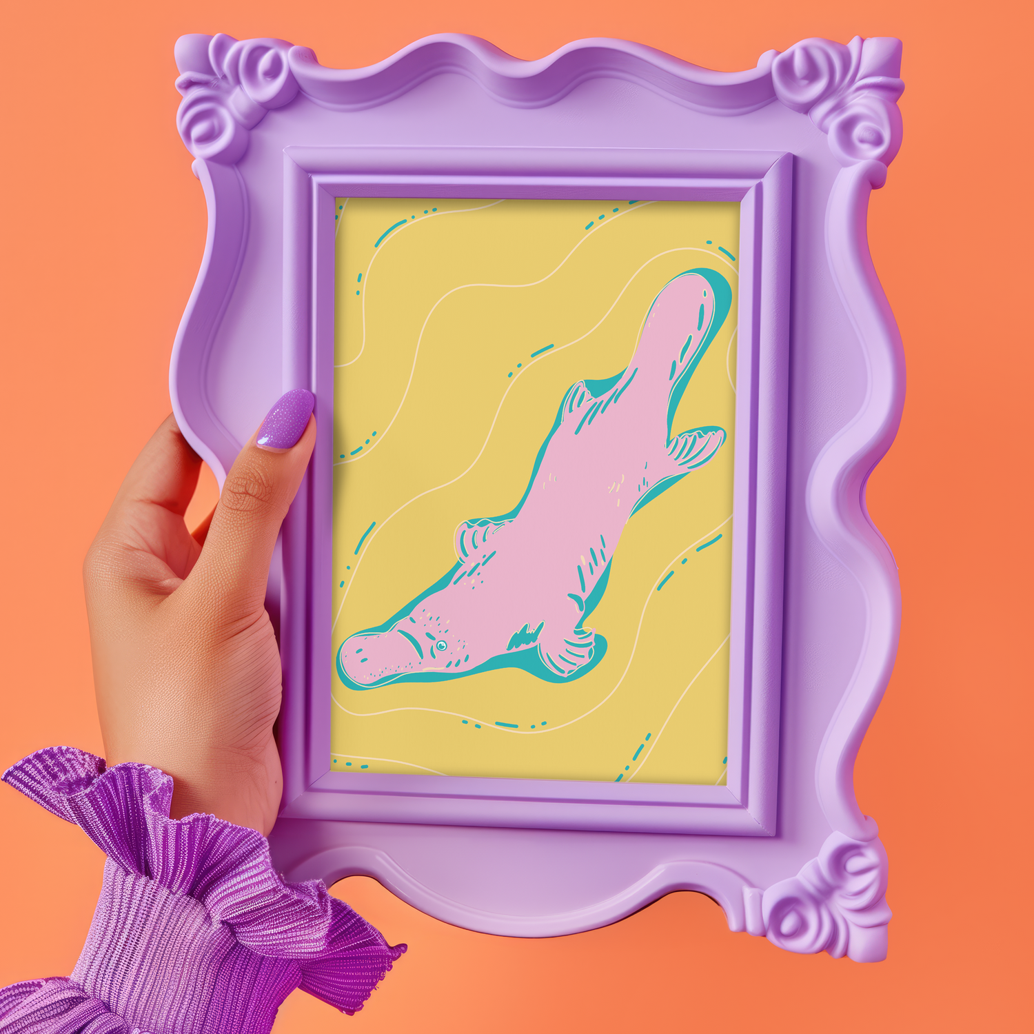 A photo of a hand wearing a purple long sleeved blouse, holding up a purple decorative frame with a print inside of a pink and blue platypus and yellow water background. The background is orange.