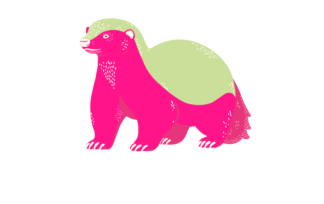 A pink and green badger illustration with cream details.