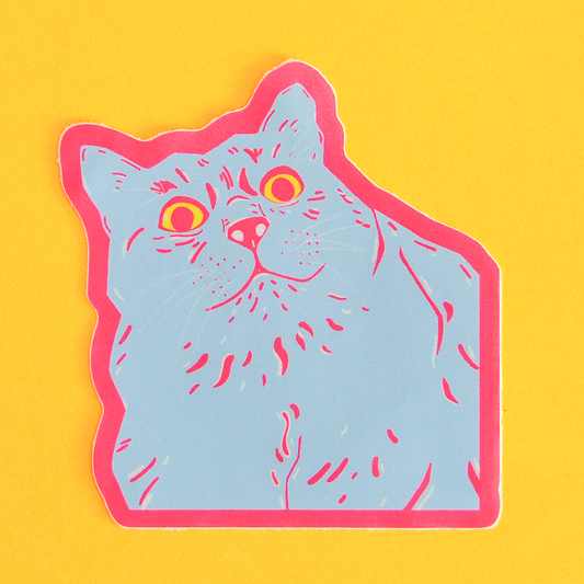 Stylised blue cat illustration with pink outline sticker on a yellow background
