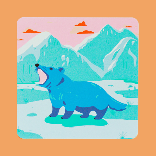 Print illustration of a blue tasmanian devil with a snowy mountainous landscape in the background on an orange border.
